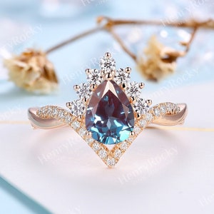 Vintage Pear cut Lab Alexandrite engagement ring Rose gold ring Round cut Moissanite Diamond ring Twisted ring Art deco promise ring