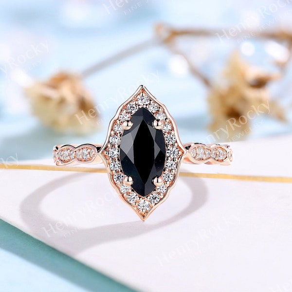 Vintage schwarzer Onyx Verlobungsring Marquise Rosegold natürlicher Diamant Ring antiker Halo Moissanit Ring handgemachtes Jubiläum Versprechen Ring