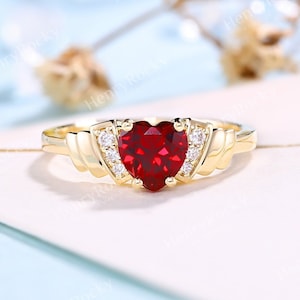 Vintage Lab Ruby engagement ring Heart shaped yellow gold ring Diamond Prong set ring Anniversary promise ring for women Gift for her