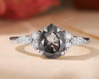 Salt and Pepper Diamond Ring - Vintage Bridal Ring, White Gold Engagement Ring by HENRYROCKY