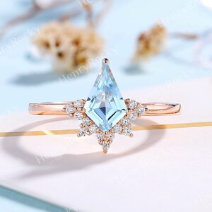Art deco Kite shaped Sky Blue Topaz engagement ring Rose gold ring Moissanite Diamond ring Round cut ring Anniversary Promise ring