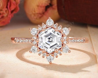 Anillo de moissanita con copos de nieve - Anillo de compromiso floral, anillo de promesa con halo de rayos de sol de HENRYROCKY