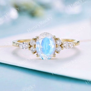 Oval cut moonstone Engagement Ring Yellow gold Women |Antique Marquise cut Moissanite cluster Bridal ring |Promise Anniversary Gifts for Her