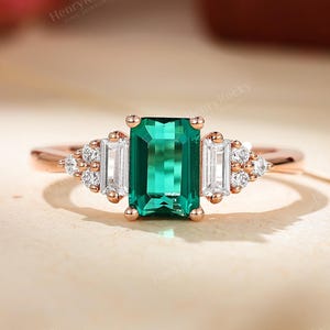 Vintage Emerald Engagement Ring - Rose Gold Bridal Ring, Art Deco Promise Ring, Moissanite Cluster Ring, Unique Wedding Ring by HENRYROCKY