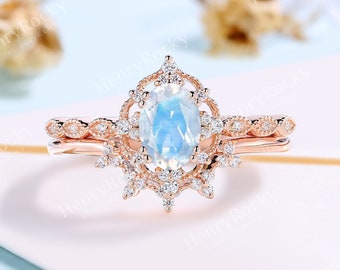 Vintage Oval shaped Moonstone engagement ring set Rose gold milgrain ring Round cut Moissanite Diamond ring Anniversary Promise Bridal set