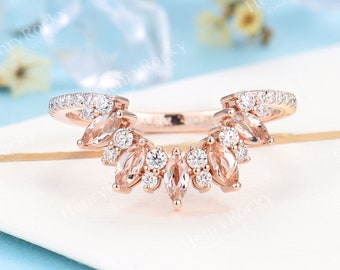 Morganite wedding band women Vintage rose gold band bridal Unique moissanite stackable curved wedding band Promise Anniversary band