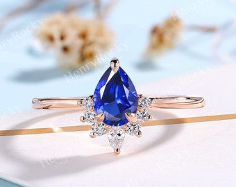 Vintage Pear cut Sapphire Engagement ring Moissanite Diamond ring Art deco ring Rose Gold ring Bridal prong set Promise Anniversary ring