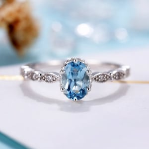 Vintage Aquamarine Engagement Ring White Gold Oval cut Women Art deco diamond Bridal Prong set Milgrain ring Unique Anniversary Promise ring