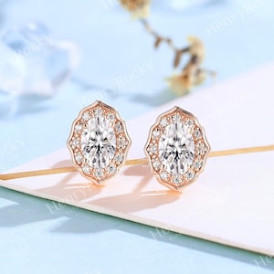 Vintage oval moissanite earrings studs rose gold earrings unique round cut halo diamond earrings antique floral earrings promise earrings