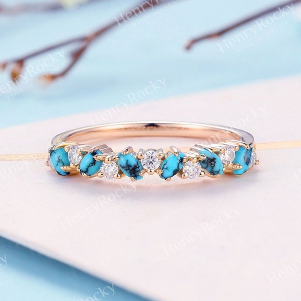 Antique Turquoise Wedding Band Women Rose Gold Vintage Moissanite Stackable Bridal Ring Art Deco Diamond Prong set ring Anniversary ring