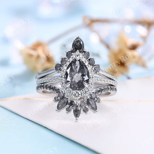Vintage Salt and Pepper Diamond Engagement ring set Pear Shaped White Gold Moissanite ring Milgrain Half Eternity ring Anniversary ring