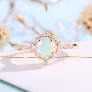 Round Opal Engagement Ring Rose Gold Vintage Celestial Wedding Ring Unique Moissanite Halo Bridal Ring Delicate Anniversary Bridal Ring