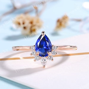 Vintage Pear cut Sapphire Engagement ring Moissanite Diamond ring Art deco ring Rose Gold ring Bridal prong set Promise Anniversary ring