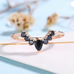 Vintage Black Onyx curved wedding band Rose gold black diamond stacking band v shaped matching band chevron anniversary promise wedding ring