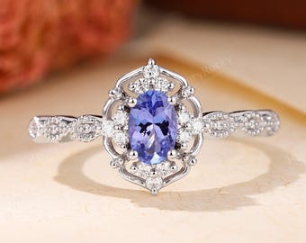Tanzanite Engagement Ring - Vintage Wedding Ring, White Gold Bridal Ring by HENRYROCKY