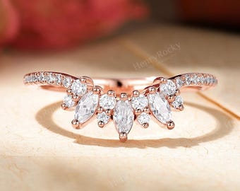 Curved Wedding Band - Moissanite Women's Ring, Rose Gold Diamond Band by HENRYROCKY