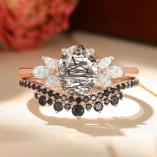 Set zwarte rutielkwarts - clusterverlovingsring, zwarte diamanten band van HENRYROCKY