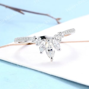 Vintage Moissanite wedding band women Art deco white gold matching band Curved wedding ring Bridal Stackable ring Anniversary promise ring