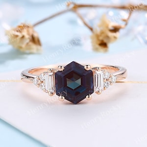 Hexagon cut Alexandrite Engagement ring Antique Rose Gold Diamond ring Art deco Moissanite Prong set Art deco Bridal ring Anniversary ring