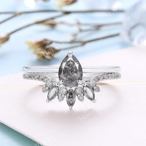 Art deco Salt and Pepper Diamond Engagement Ring Set | Vintage White gold Bridal set | Pear shaped ring | Curved wedding band | Promise ring