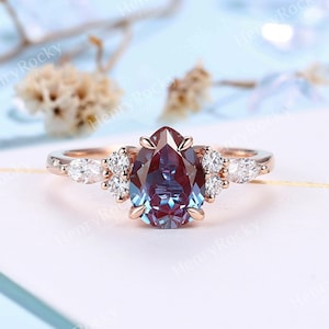 Vintage Pear Alexandrite engagement ring - 14K Rose gold Wedding ring | moissanite ring diamond ring | Anniversary Promise ring Gift for her