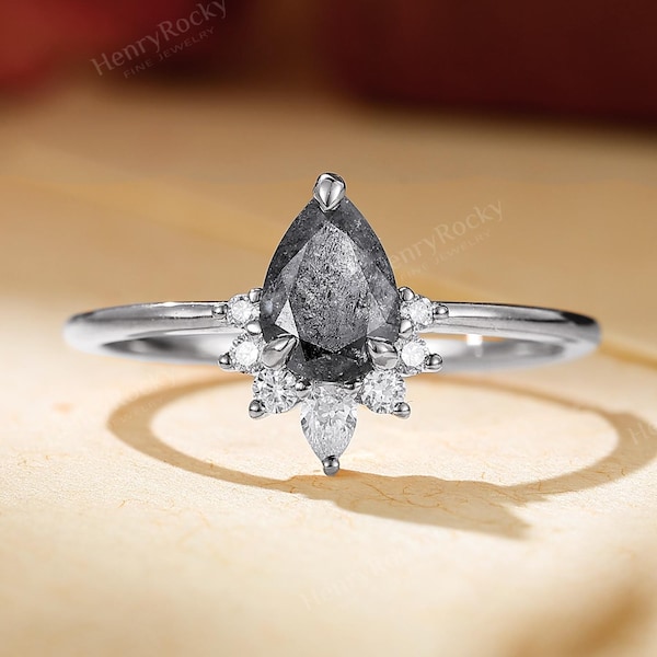 Salt & Pepper Diamond Ring - Antique Promise Ring, Art Deco Bridal Ring by HENRYROCKY