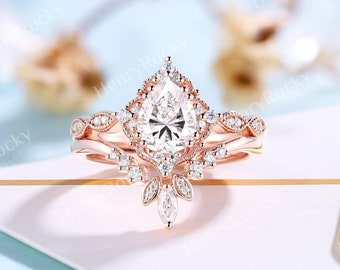 Pear shaped moissanite engagement ring set rose gold marquise moissanite wedding band antique milgrain ring anniversary promise bridal set