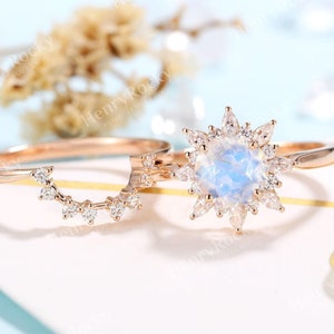 Vintage Moonstone Engagement Ring set Rose Gold Antique Round cut Wedding ring Floral bridal set Moissanite wedding set Anniversary ring set