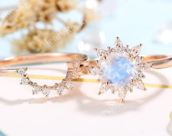 Vintage Moonstone Engagement Ring set Rose Gold Antique Round cut Wedding ring Floral bridal set Moissanite wedding set Anniversary ring set