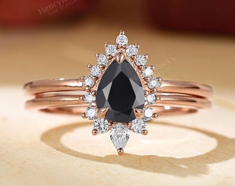 Black Onyx Engagement Ring Set - Art Deco Bridal Ring Set, Curved Wedding Band by HENRYROCKY