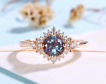 Vintage round shaped lab alexandrite engagement ring rose gold moissanite diamond ring unique moon halo ring anniversary promise ring