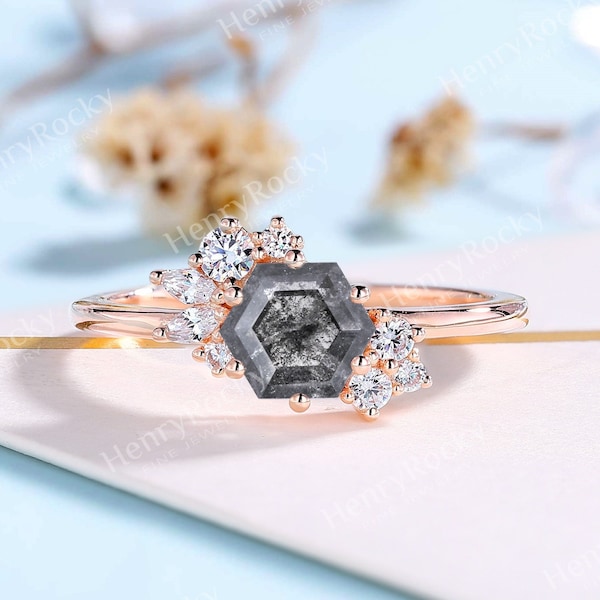 Hexagon Salt and Pepper Diamond engagement ring solid gold ring Marquise Round cut Cluster Moissanite Diamond ring Anniversary bridal ring