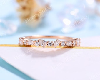 Vintage Moissanite Wedding Band Rose Gold Art deco Marquise cut Stacking Matching band Bridal band Promise Ring Anniversary Promise ring
