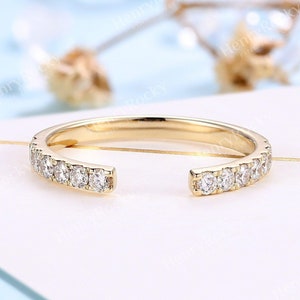 Vintage open wedding band - moissanite diamond pave Band in 14K rose gold | half eternity band Stackable Matching Ring promise Wedding ring