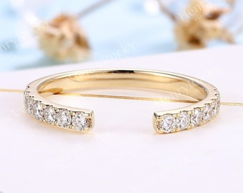 Vintage open wedding band - moissanite diamond pave Band in 14K rose gold | half eternity band Stackable Matching Ring promise Wedding ring