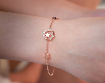 Delicate Moon & Star Bracelet -18K Solid Rose Gold Bracelet • Unique Moissanite Bracelet • Mother&#39;s Day Gift Gift for her
