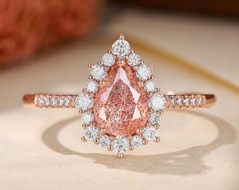 Halo Africa Sunstone Ring - Vintage Engagement Ring, Moissanite Wedding Ring by HENRYROCKY