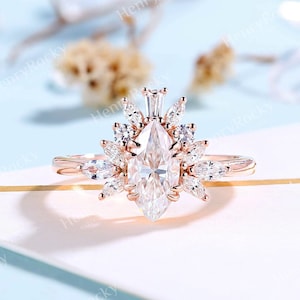 Art deco moissanite engagement ring marquise rose gold moissanite cluster ring unique tapered baguette ring women anniversary promise ring