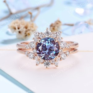 Vintage Round Alexandrite engagement ring set moissanite diamond ring rose gold cluster ring art deco moissanite promise bridal set ring