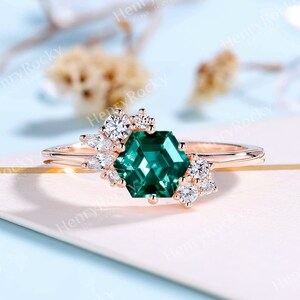 Hexagon shape Emerald engagement ring Rose gold ring Marquise Round cut Moissanite Diamond ring Cluster ring Anniversary art deco ring