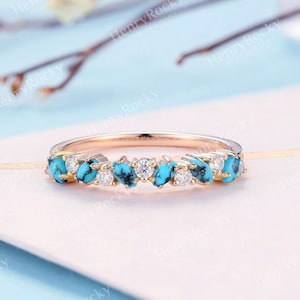 Antique Turquoise Wedding Band Women Rose Gold Vintage Moissanite Stackable Bridal Ring Art Deco Diamond Prong set ring Anniversary ring