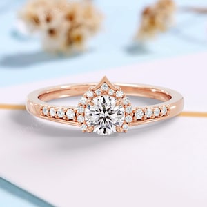 Round Moissanite Engagement Ring - 14K Rose Gold Crown Halo Ring with Pavé Band | Tiara Style Vintage Promise Ring for Women