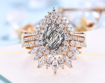 Vintage Black Rutilated Quartz Engagement ring Rose Gold Pear cut ring Diamond/Moissanite Halo Curved Wedding Bridal set Anniversary ring