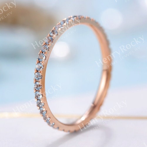 Aquamarine Wedding Band Stacking Ring Rose Gold Plated Etsy