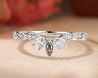 Salt & Pepper Diamond Ring - Curved Wedding Band, White Gold Milgrain Band by HENRYROCKY