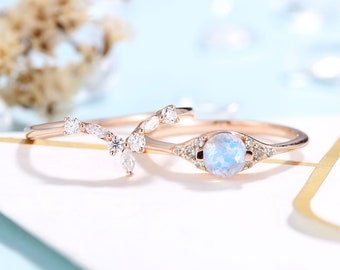 Vintage Moonstone Engagement Ring Set rose gold Round cut ring curved wedding band women Moissanite Sapphire Bridal set Anniversary ring set