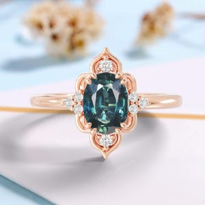 Natural Teal Sapphire Engagement Ring – fleur de lis Rose Gold Wedding Ring | Art Nouveau Flower Promise Ring | Blue Green Sapphire Ring