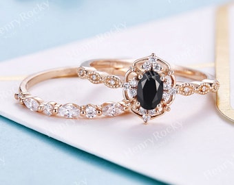 Vintage Black Onyx Engagement Ring set Rose Gold wedding band | Antique Oval cut Bridal set | Art deco Halo Ring Milgrain | Anniversary ring
