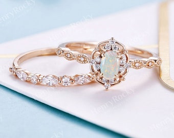 Vintage Opal Engagement Ring set | Antique Oval shaped Rose gold Bridal set | Art deco Diamond Milgrain wedding ring | Anniversary Promise