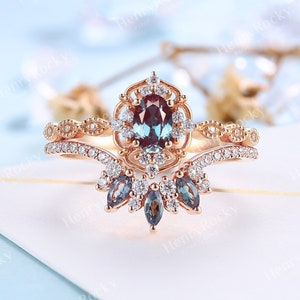 Vintage Oval cut Alexandrite engagement ring set Rose gold Diamond Moissanite Curved wedding band half eternity Bridal set Anniversary ring